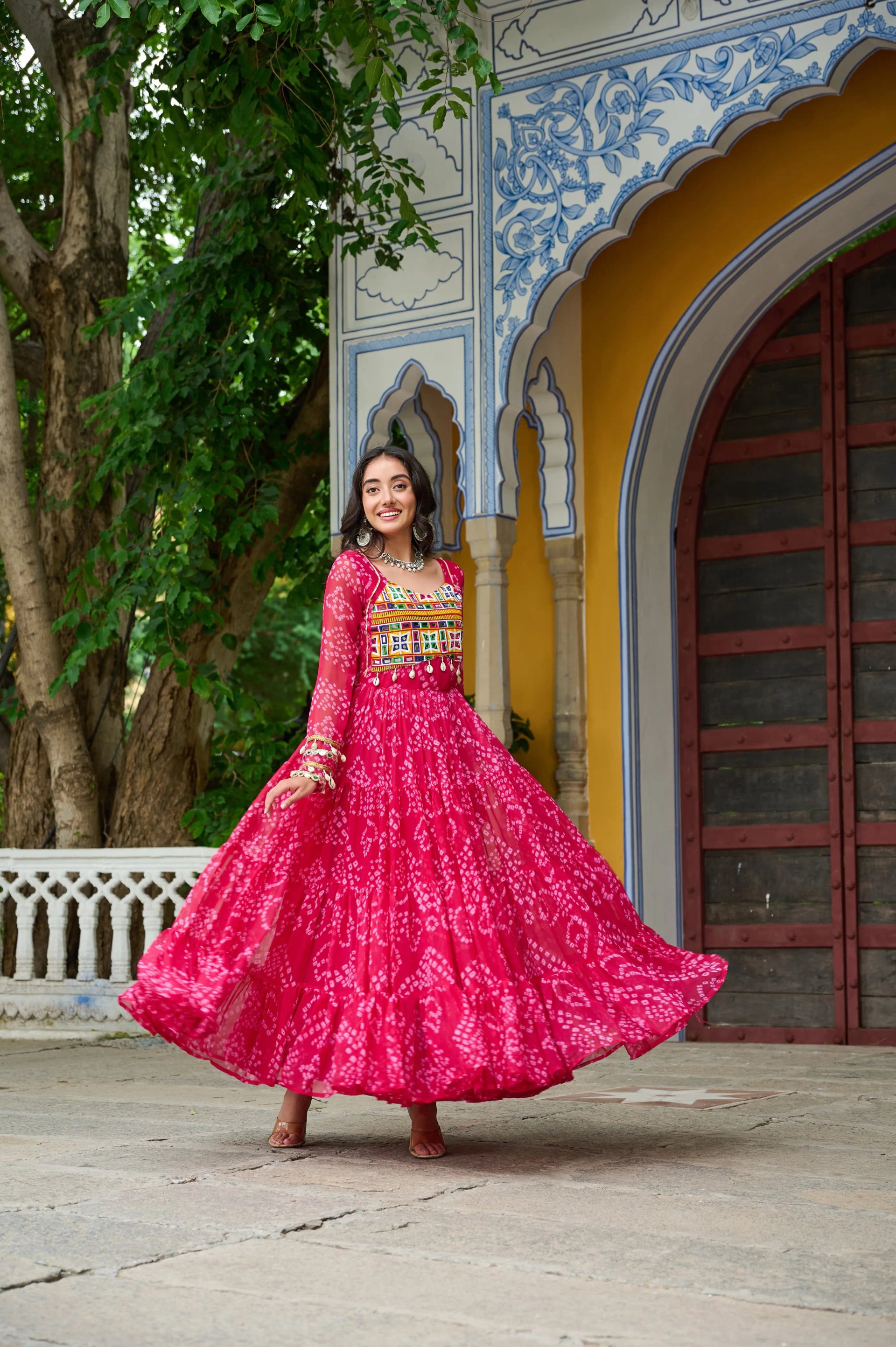 Bandhani Print Faux Georgette Navratri Gown with Kutchi Work in Surat
