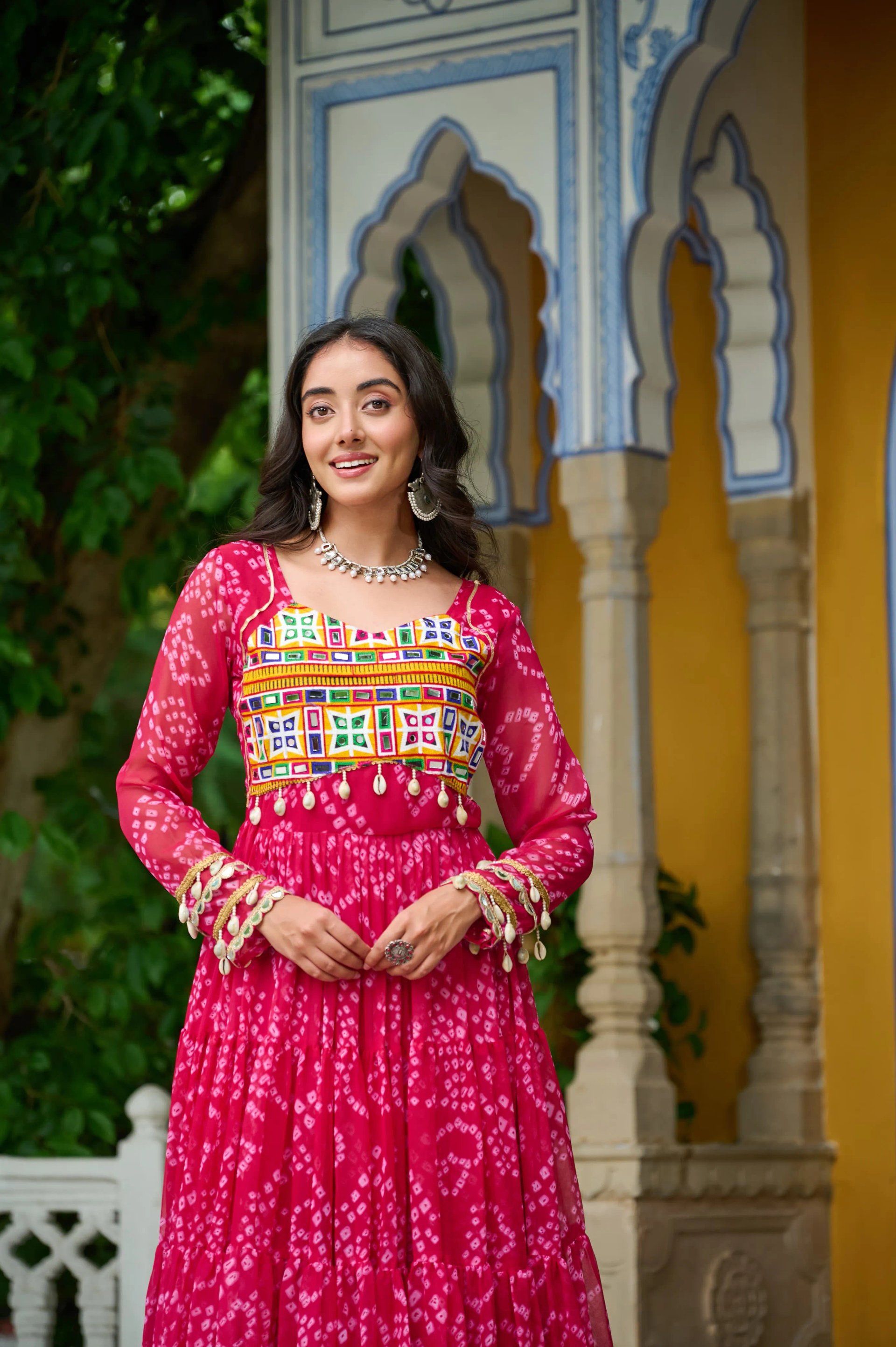Bandhani Print Faux Georgette Navratri Gown with Kutchi Work in Surat
