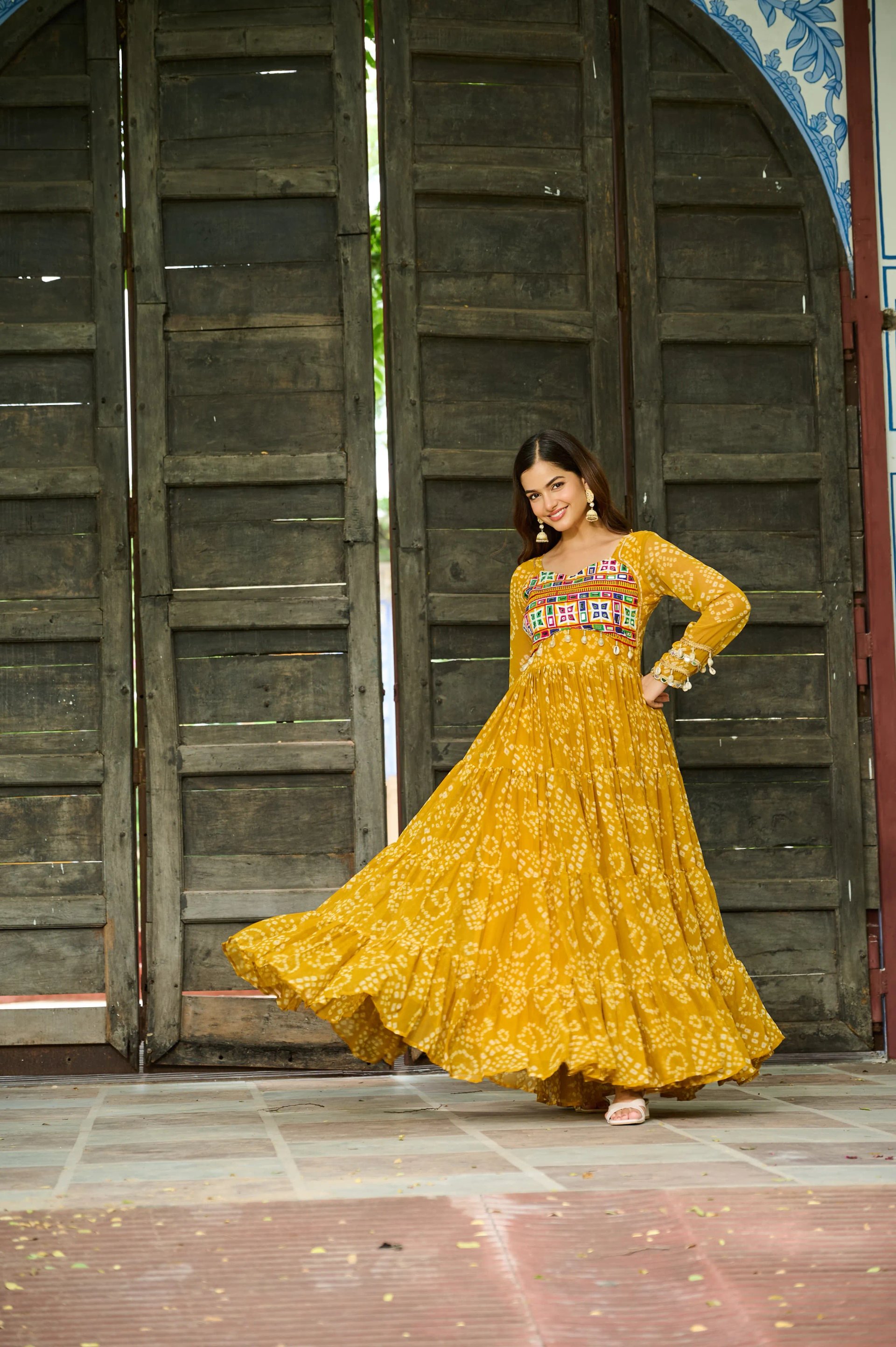 Bandhani Print Faux Georgette Navratri Gown with Kutchi Work in Surat