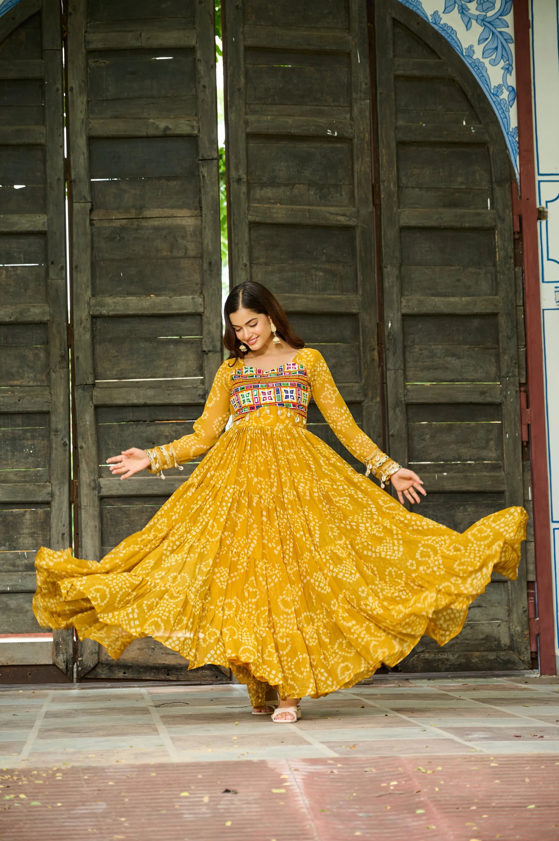 Bandhani Print Faux Georgette Navratri Gown with Kutchi Work in Surat