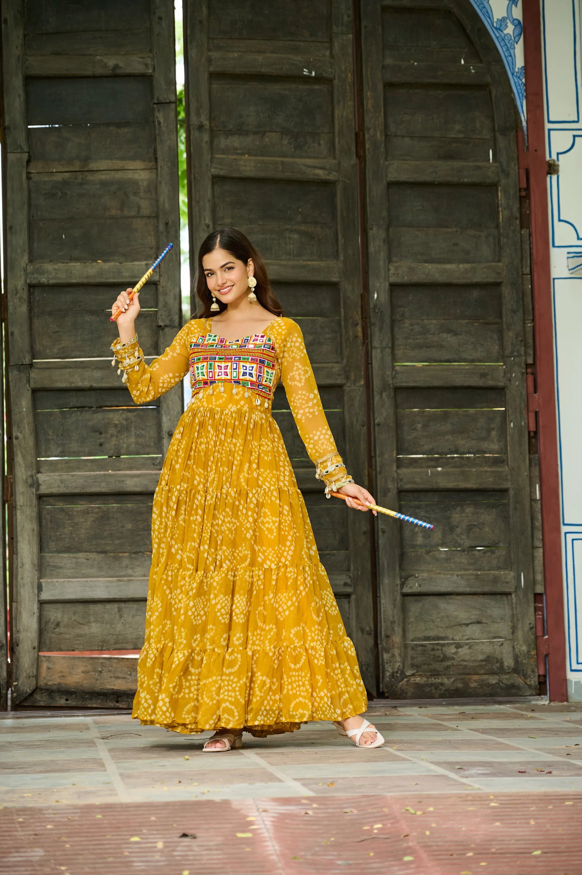 Bandhani Print Faux Georgette Navratri Gown with Kutchi Work in Surat