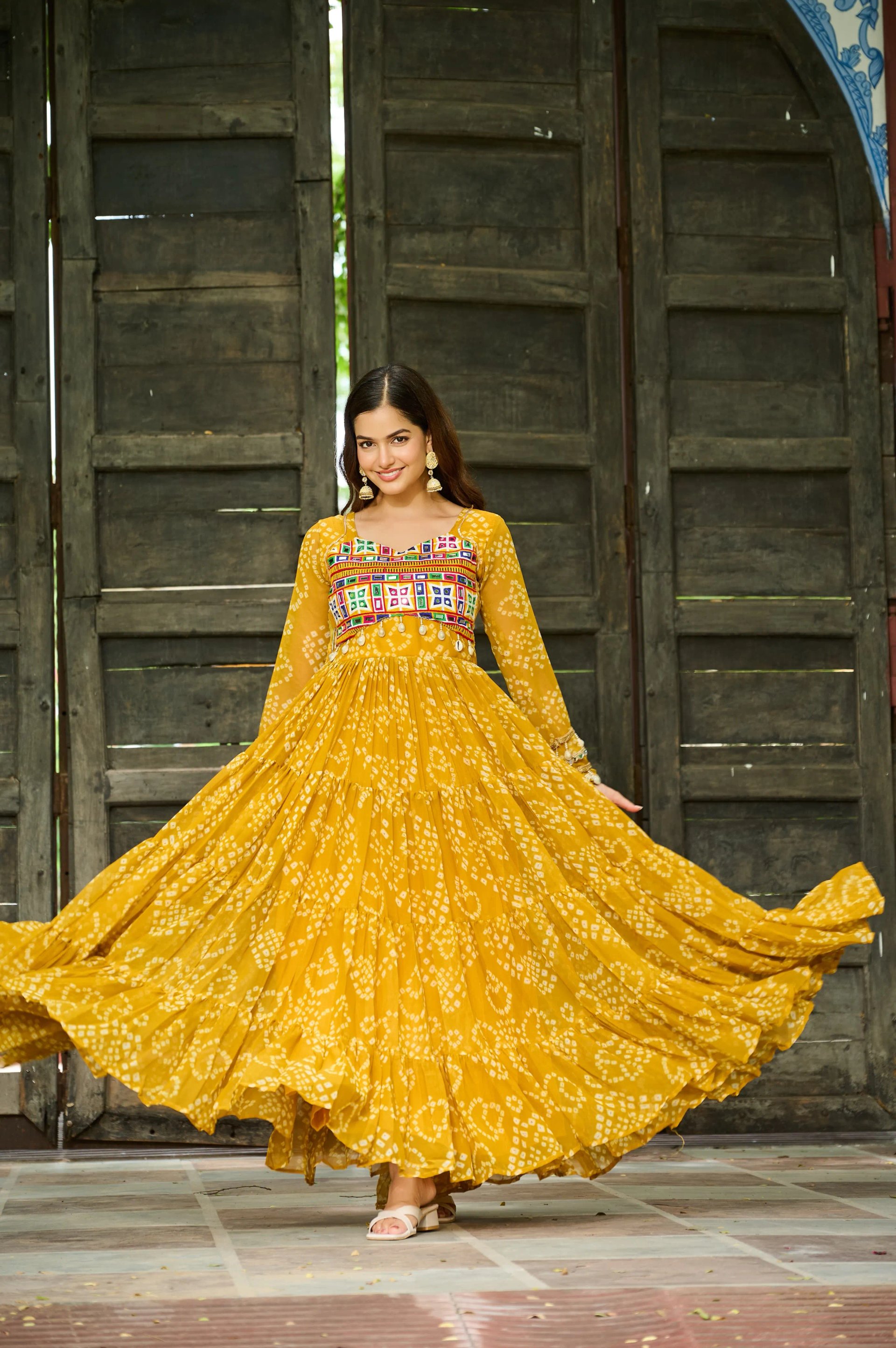 Bandhani Print Faux Georgette Navratri Gown with Kutchi Work in Surat