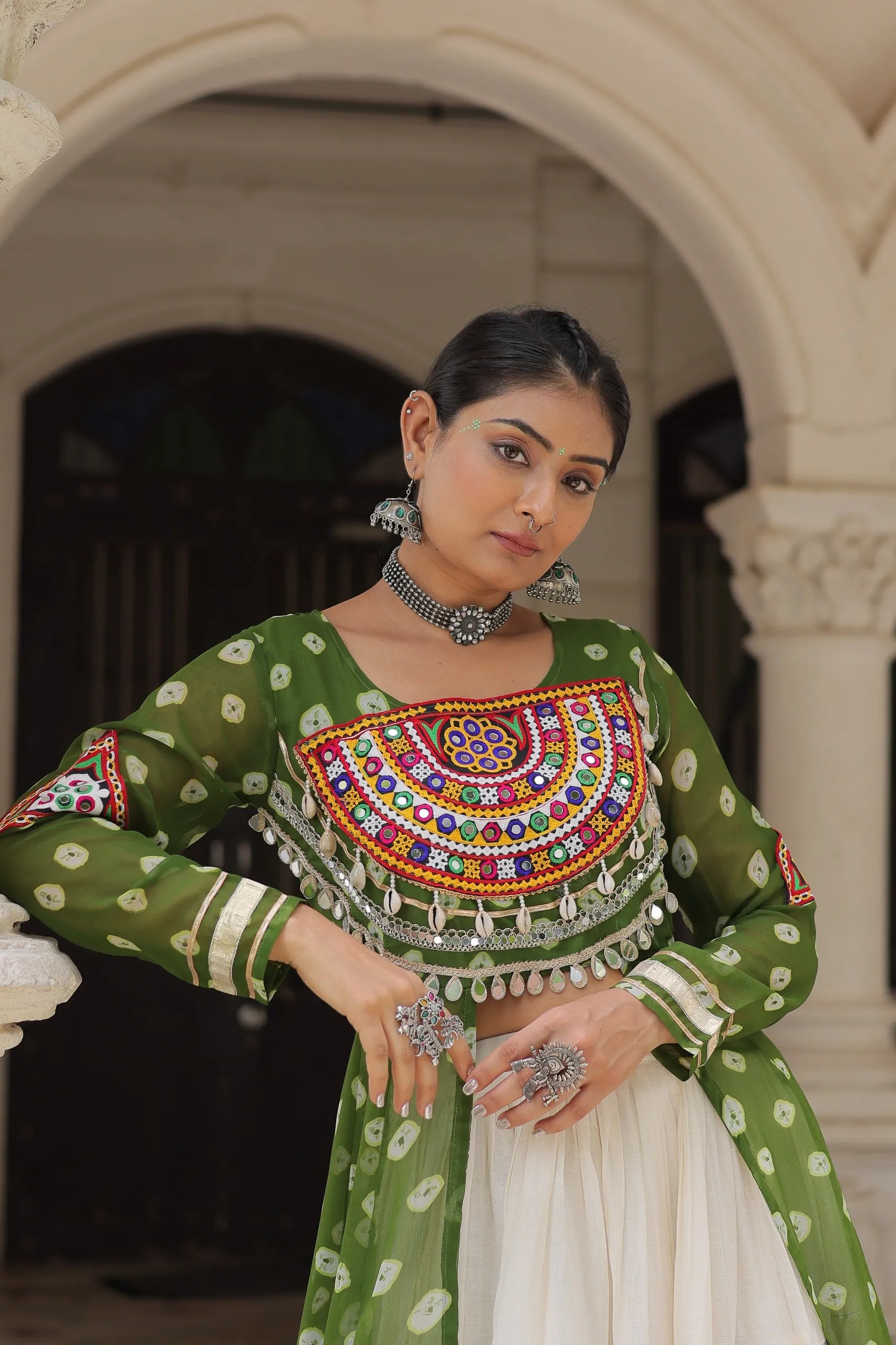 Designer Navratri Kora Cotton Lehenga Choli with Kutchi Work in Surat