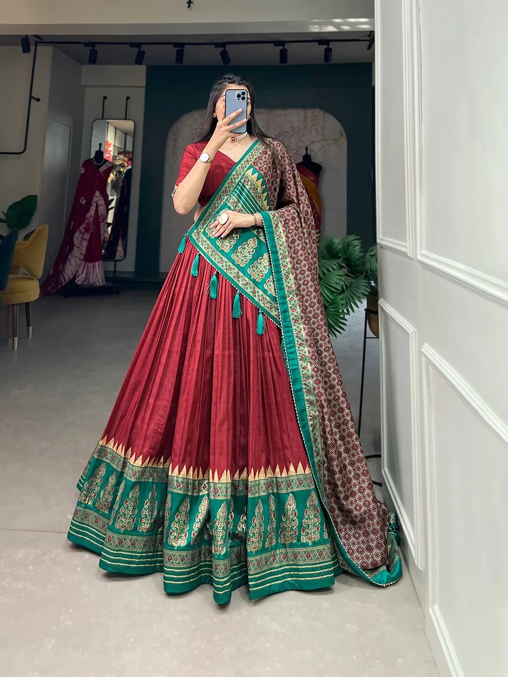 Stylish Navratri Tasar Silk Lehenga Choli with Foil Work in Surat