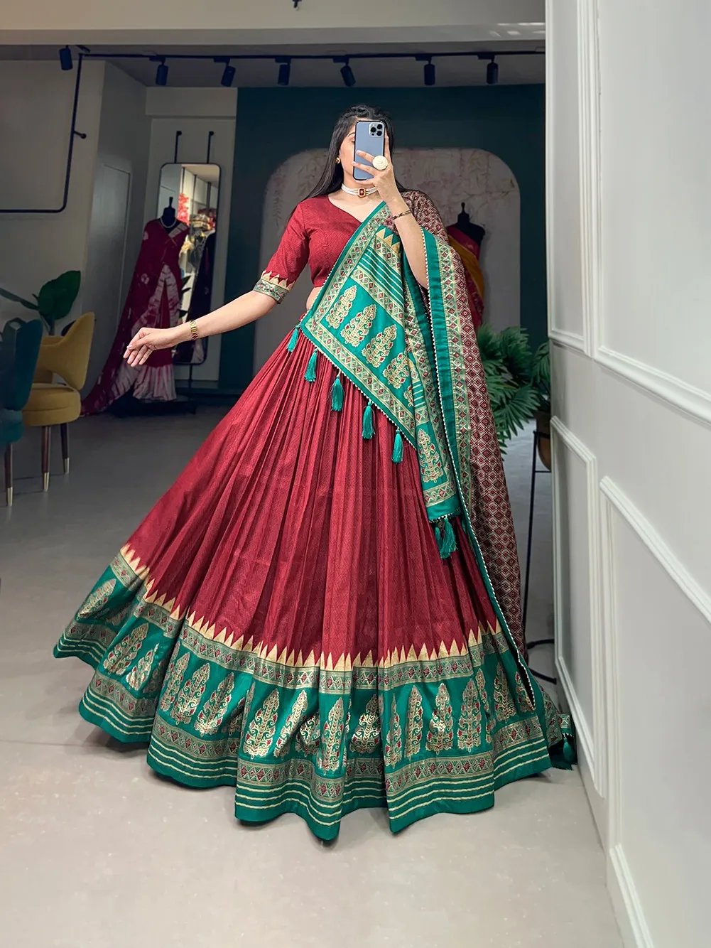 Stylish Navratri Tasar Silk Lehenga Choli with Foil Work in Surat
