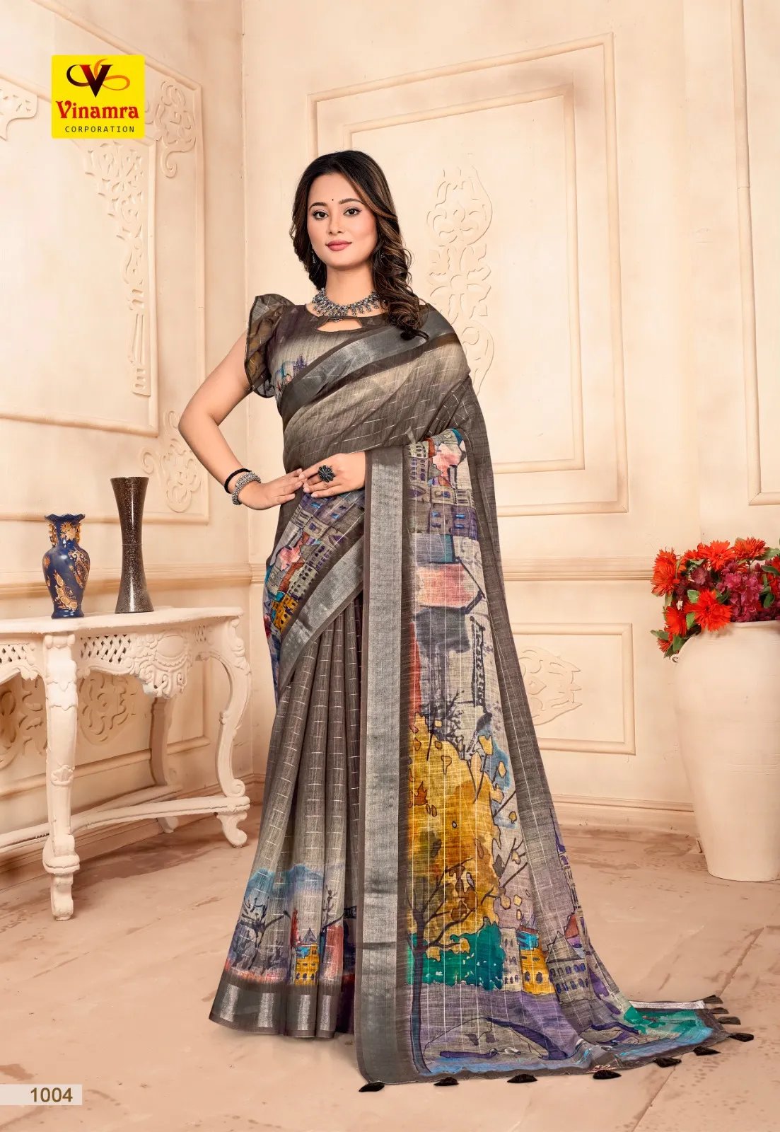 Premium Linen Silver Zari Saree with Elegant Weave in Surat