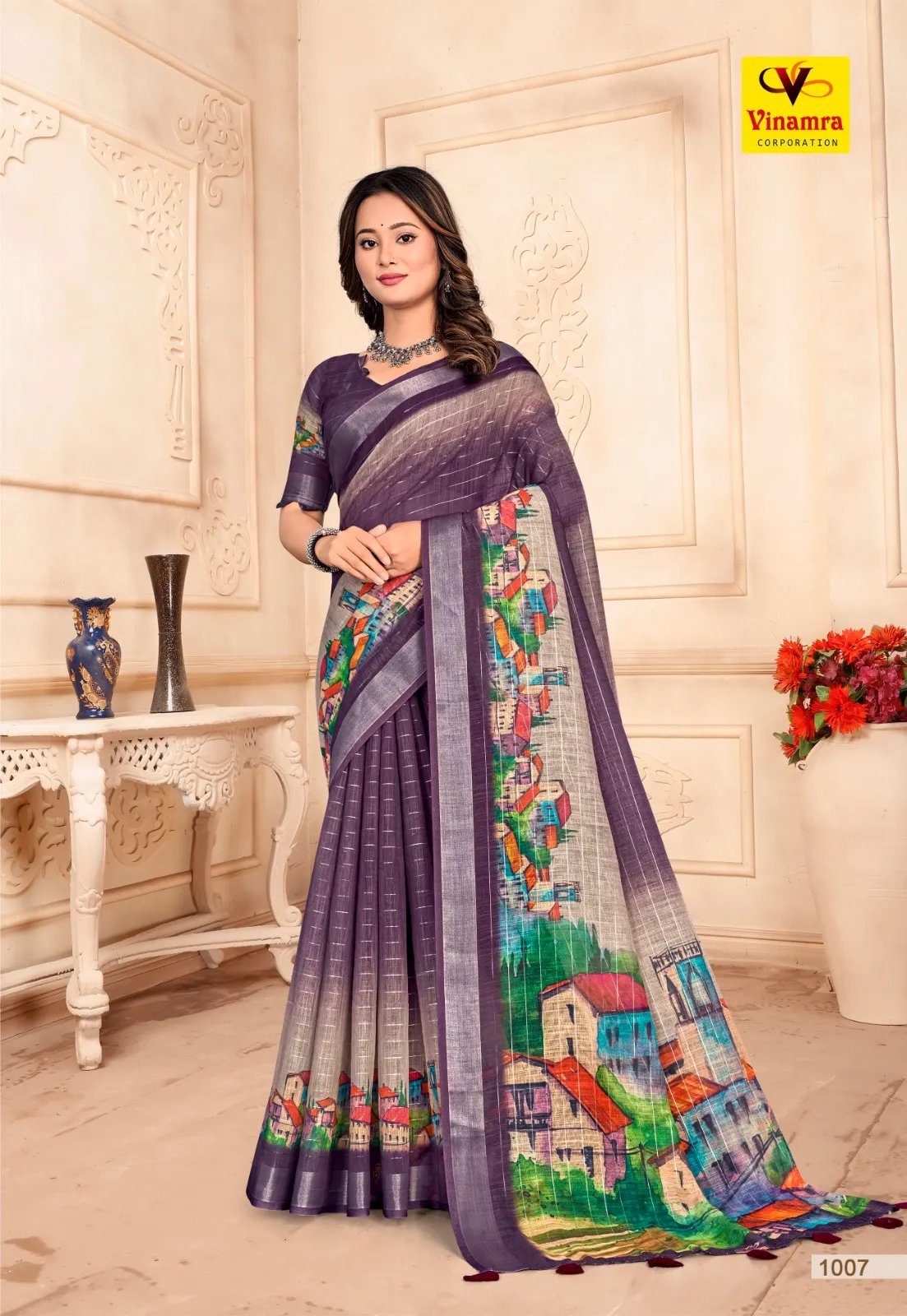 Premium Linen Silver Zari Saree with Elegant Weave in Surat