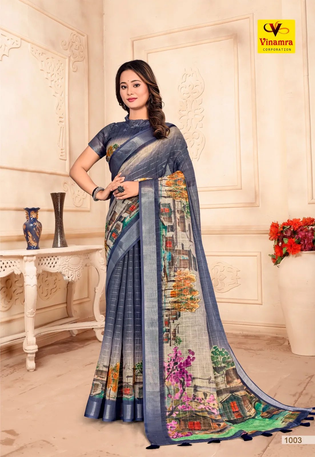 Premium Linen Silver Zari Saree with Elegant Weave in Surat
