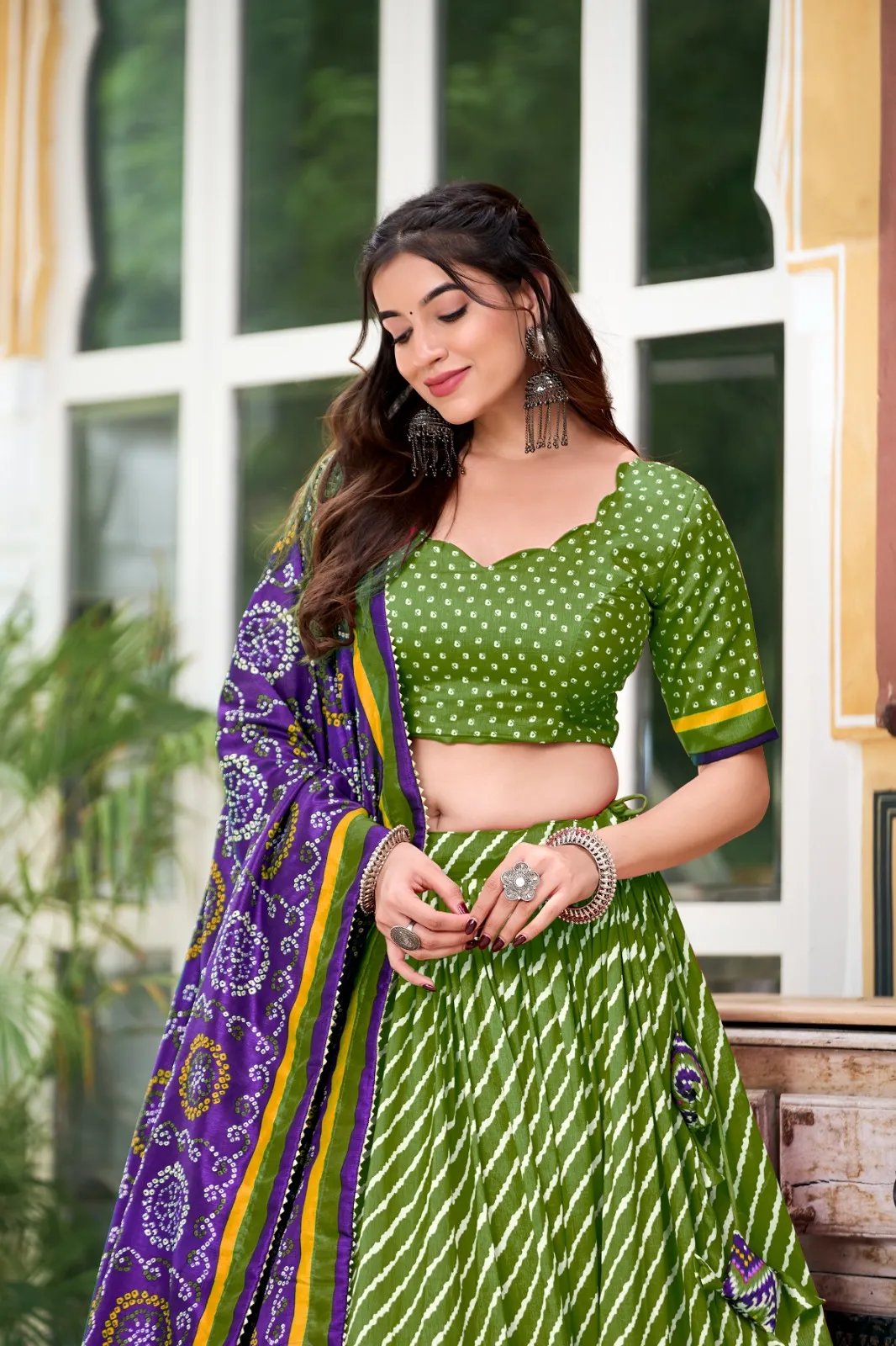 Tussar Silk Lehenga Choli with Leheriya Print & Bandhani Dupatta in Surat