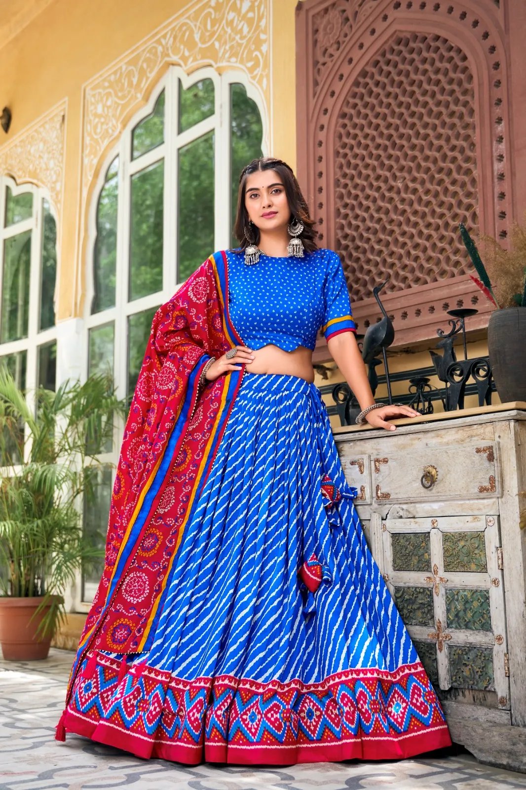 Tussar Silk Lehenga Choli with Leheriya Print & Bandhani Dupatta in Surat