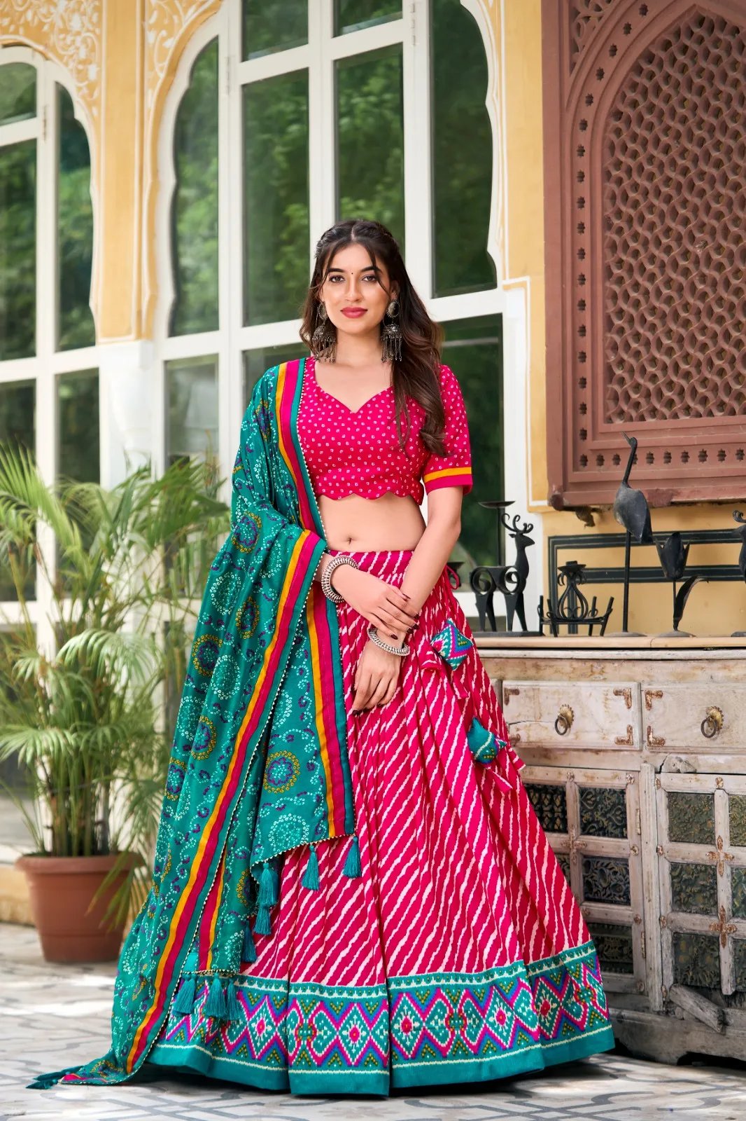 Tussar Silk Lehenga Choli with Leheriya Print & Bandhani Dupatta in Surat