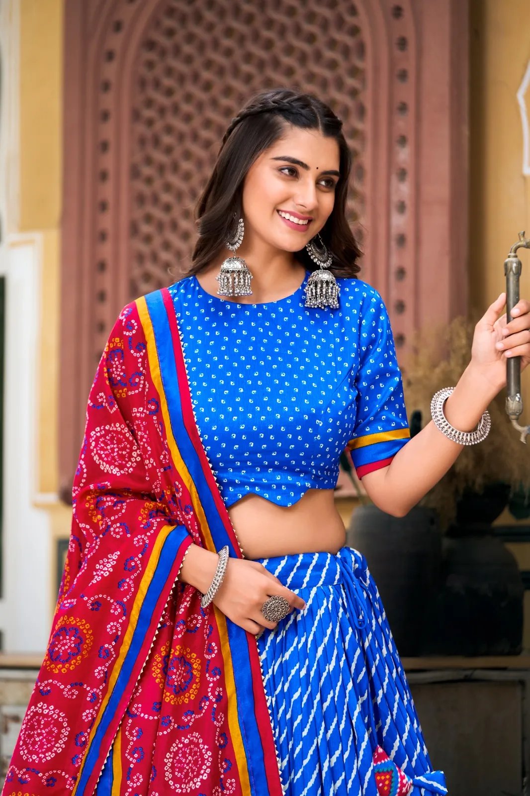 Tussar Silk Lehenga Choli with Leheriya Print & Bandhani Dupatta in Surat