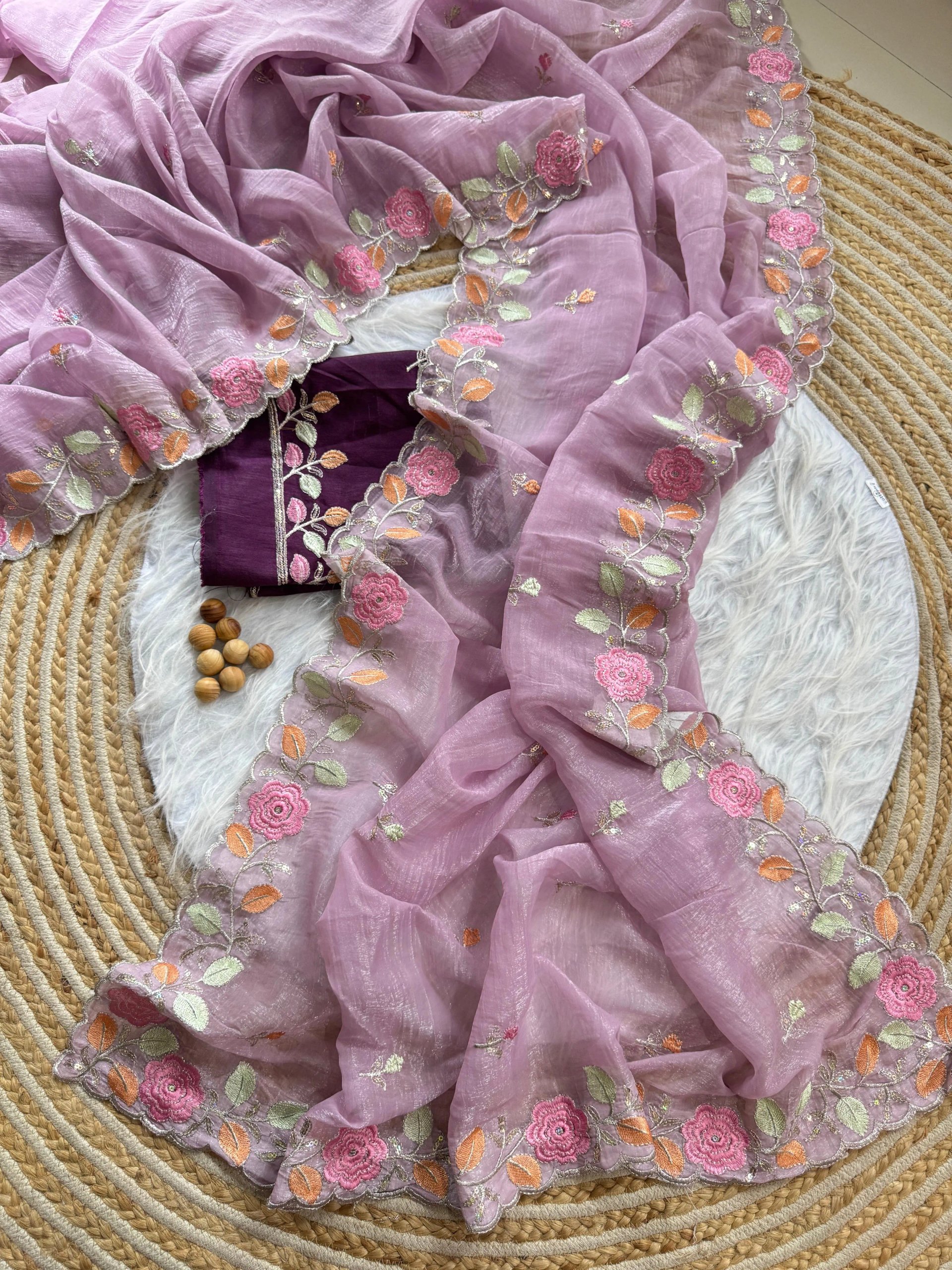 Dual Tone Silk Saree with Silver Thread Floral Embroidery in Surat