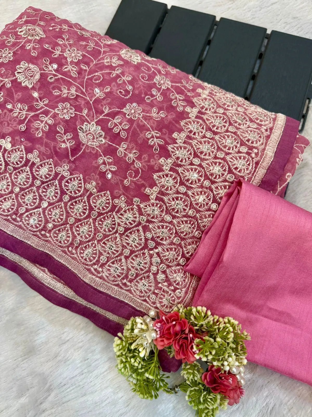 Shimmer Silk Chikankari Work Saree with Sequence & Blouse in Surat