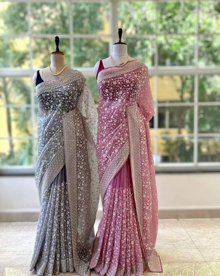 Shimmer Silk Chikankari Work Saree with Sequence & Blouse in Surat