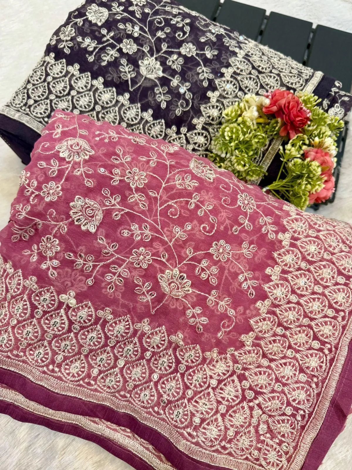 Shimmer Silk Chikankari Work Saree with Sequence & Blouse in Surat