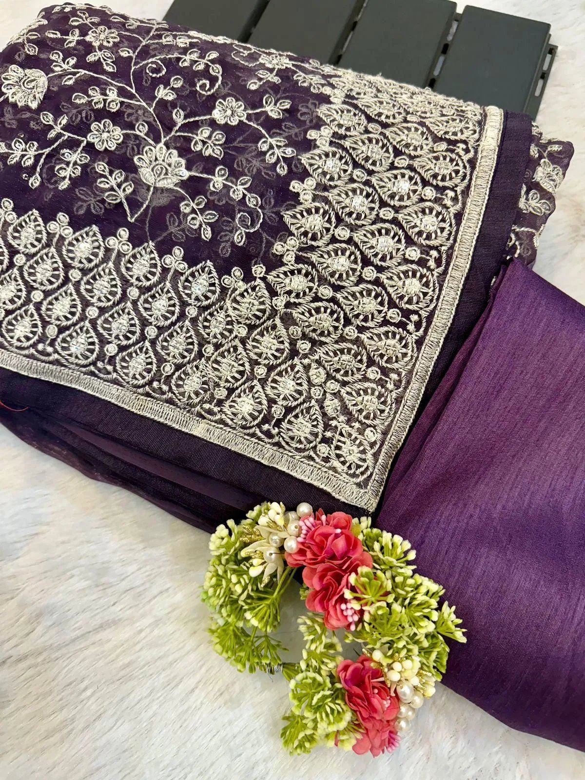 Shimmer Silk Chikankari Work Saree with Sequence & Blouse in Surat