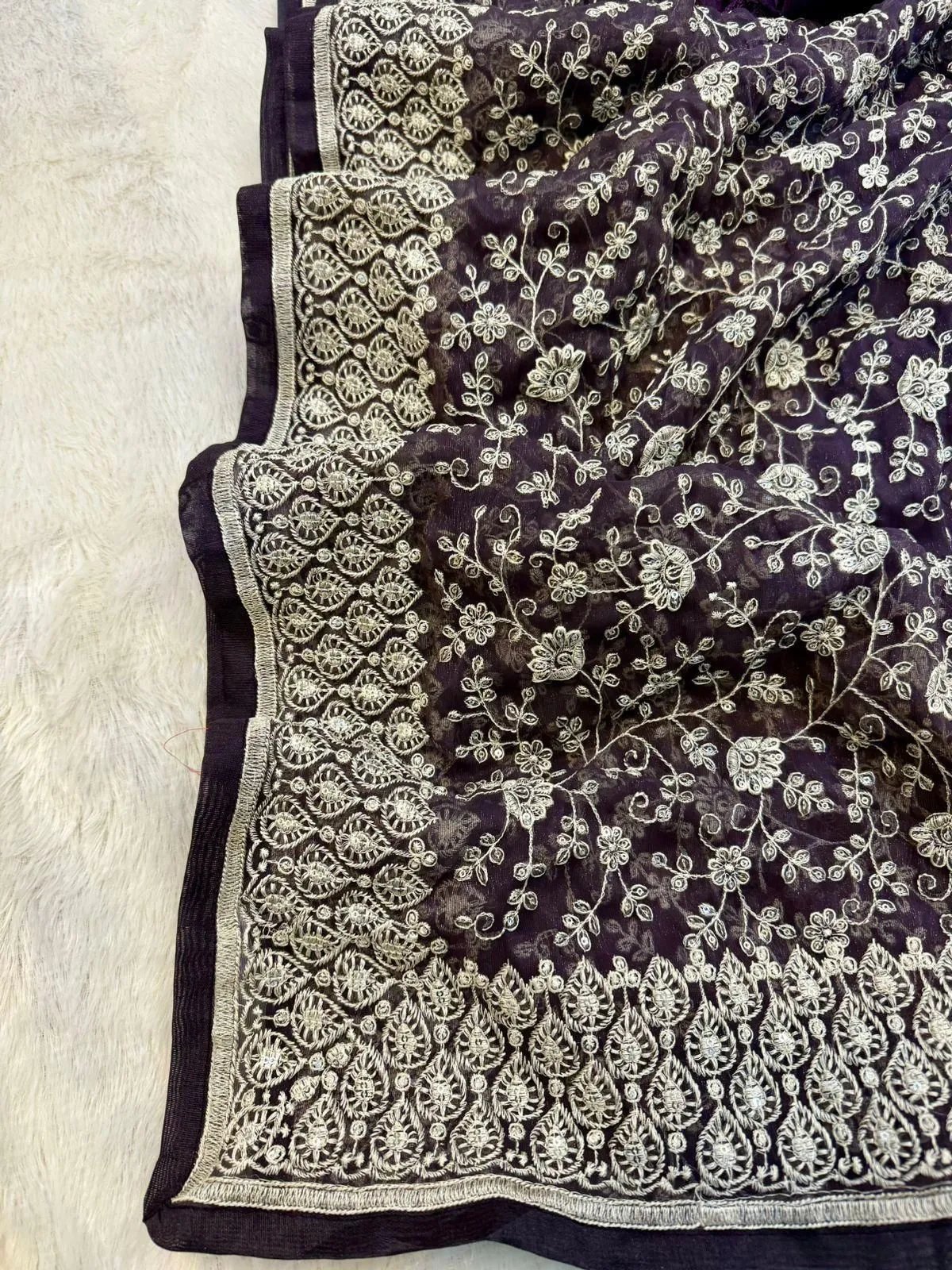 Shimmer Silk Chikankari Work Saree with Sequence & Blouse in Surat