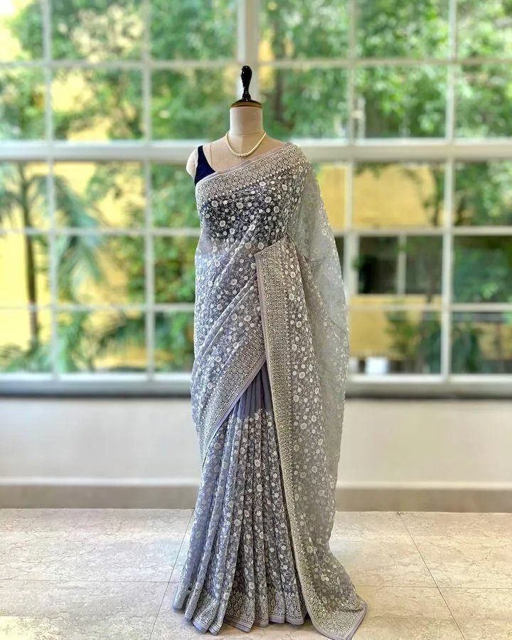 Shimmer Silk Chikankari Work Saree with Sequence & Blouse in Surat