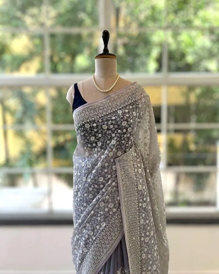 Shimmer Silk Chikankari Work Saree with Sequence & Blouse in Surat