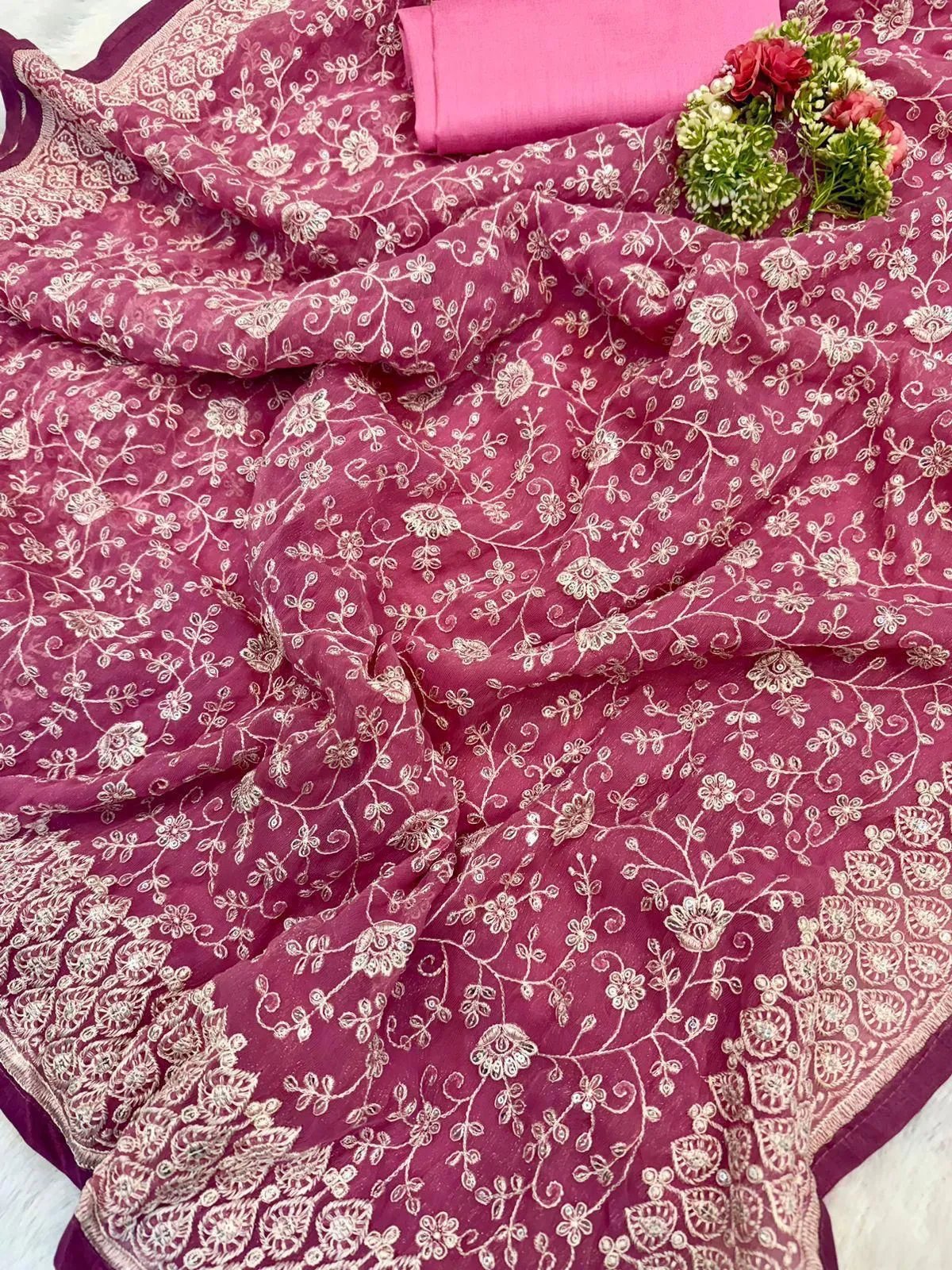 Shimmer Silk Chikankari Work Saree with Sequence & Blouse in Surat