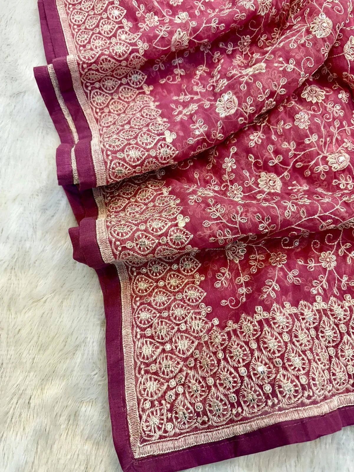 Shimmer Silk Chikankari Work Saree with Sequence & Blouse in Surat