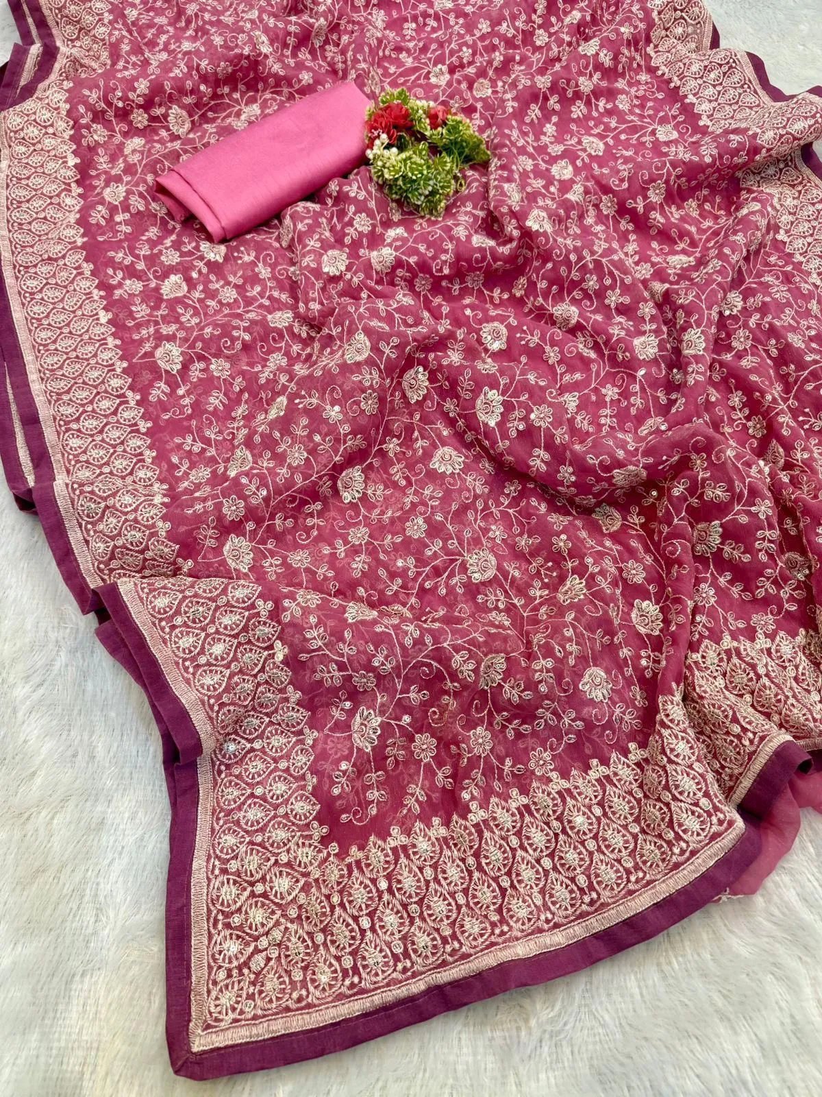 Shimmer Silk Chikankari Work Saree with Sequence & Blouse in Surat