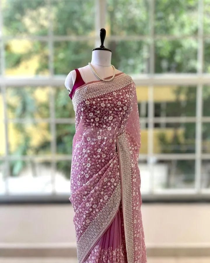 Shimmer Silk Chikankari Work Saree with Sequence & Blouse in Surat