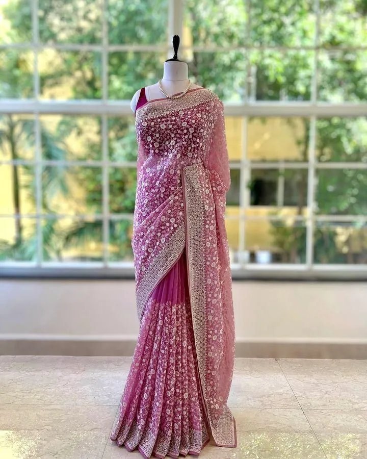 Shimmer Silk Chikankari Work Saree with Sequence & Blouse in Surat