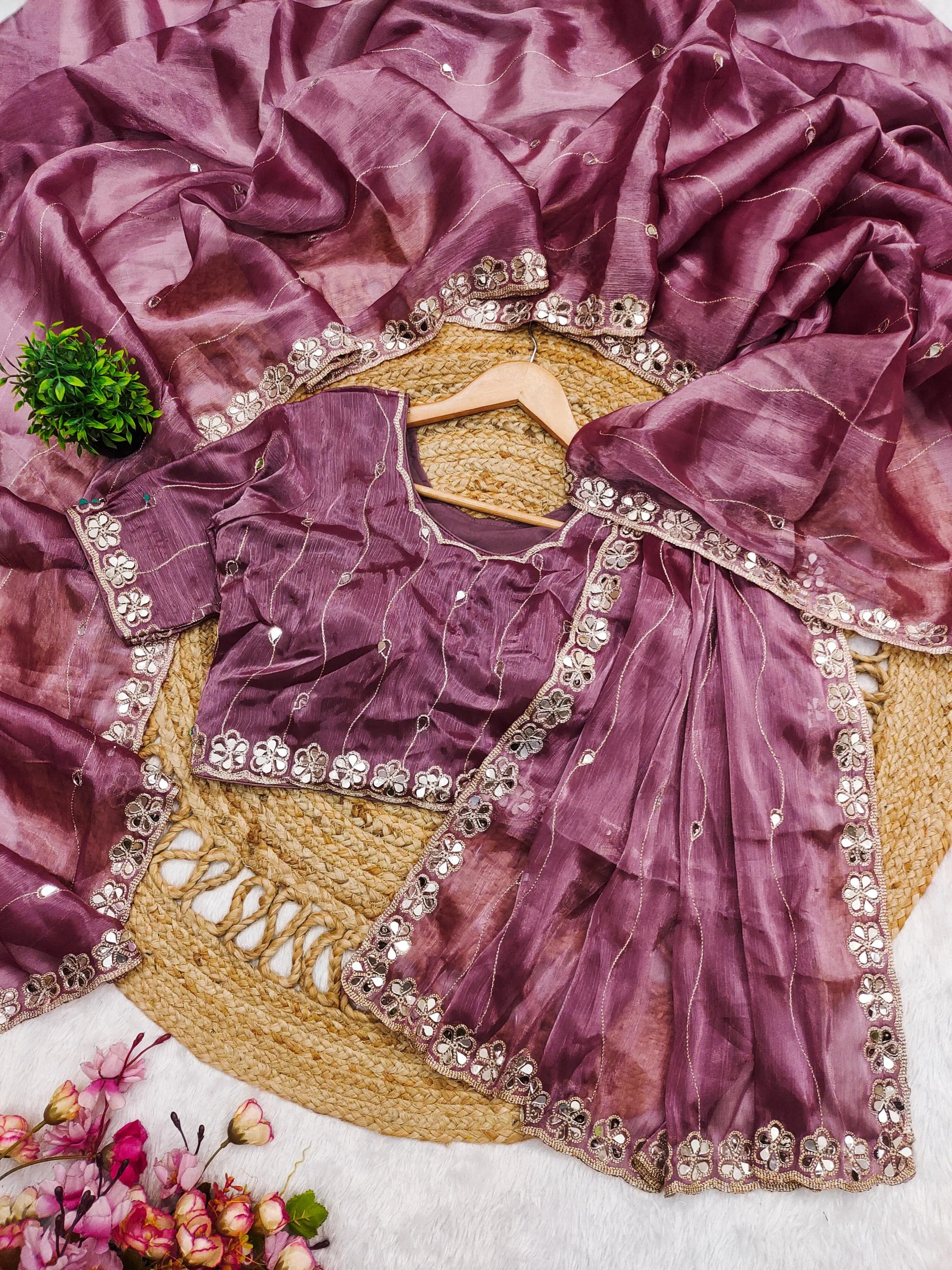 Party Wear Silk Saree with Mirror Hand Work & Embroidery in Surat