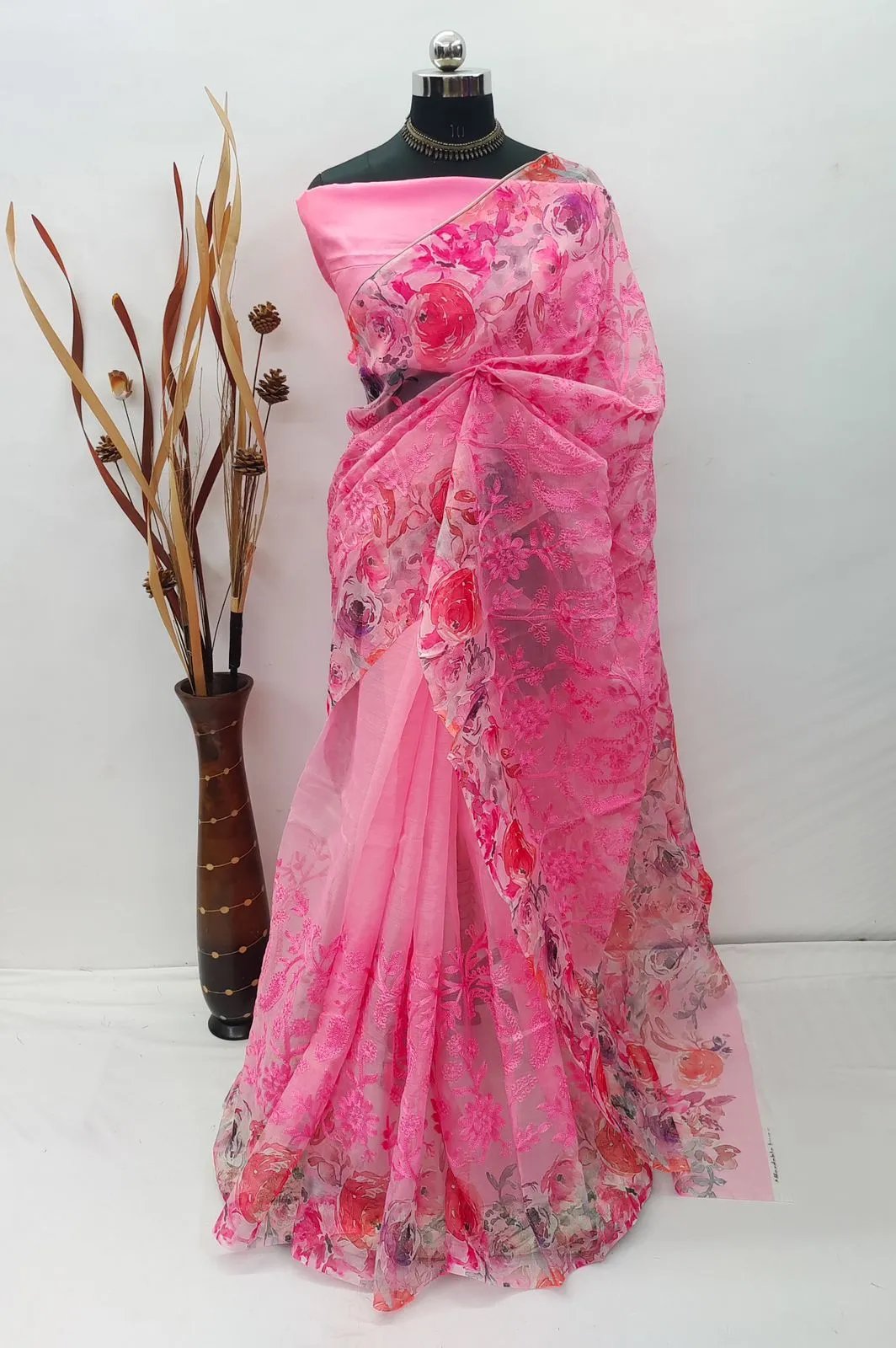 Organza Saree with Heavy Lucknowi Work and Silk Blouse in Surat