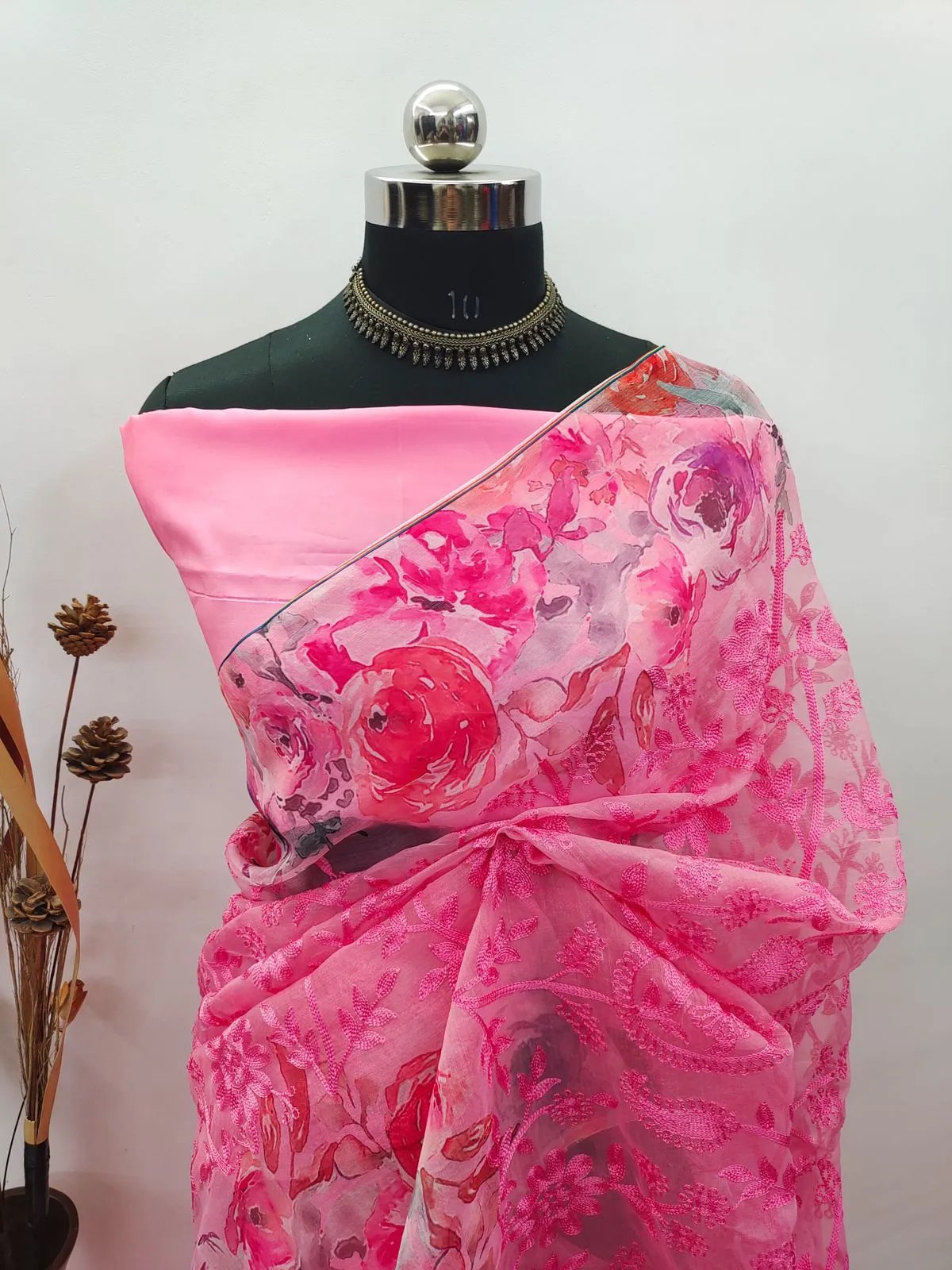 Organza Saree with Heavy Lucknowi Work and Silk Blouse in Surat