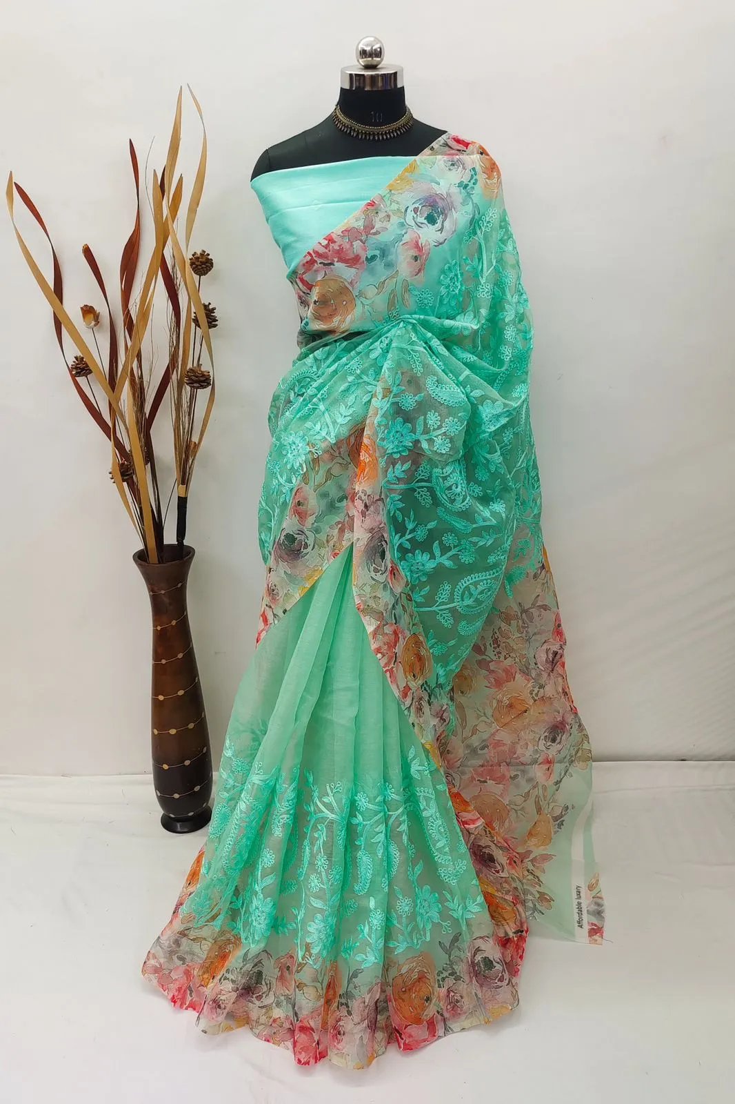 Organza Saree with Heavy Lucknowi Work and Silk Blouse in Surat