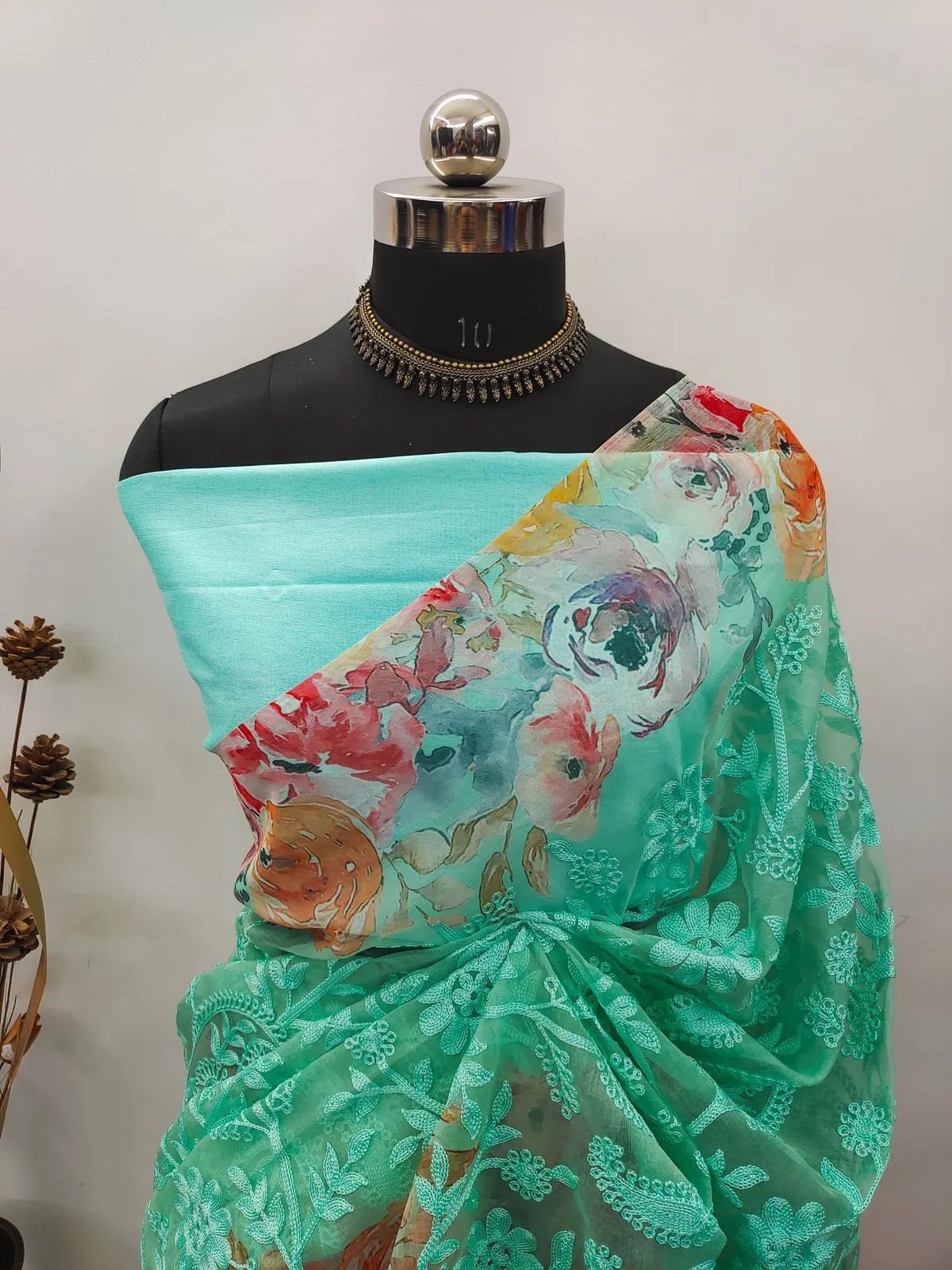 Organza Saree with Heavy Lucknowi Work and Silk Blouse in Surat