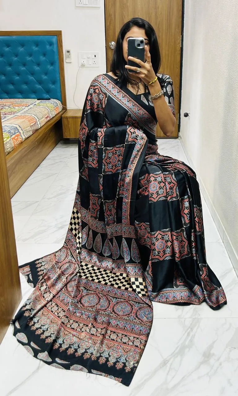 Semi Gajji Silk Saree with Ajrakh Bandhej Print Work in Surat