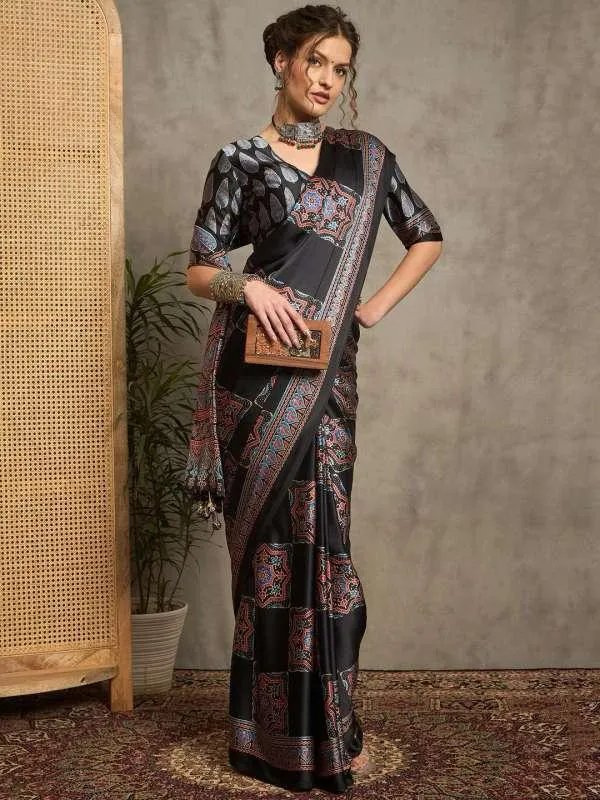 Semi Gajji Silk Saree with Ajrakh Bandhej Print Work in Surat