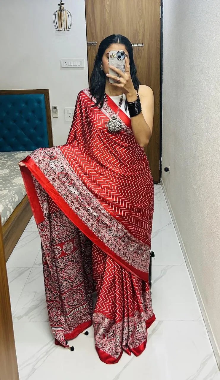 Semi Gajji Silk Saree with Ajrakh Bandhej Print Work in Surat