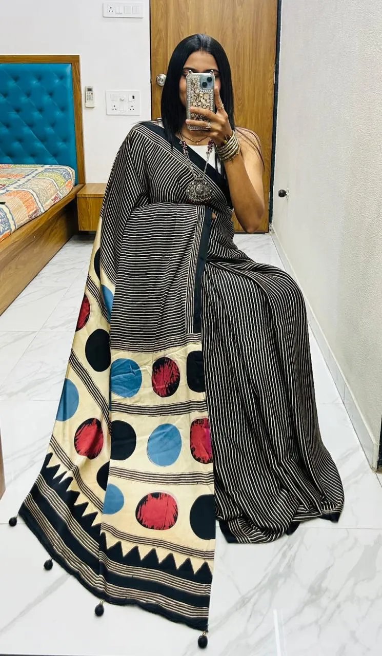Semi Gajji Silk Saree with Ajrakh Bandhej Print Work in Surat