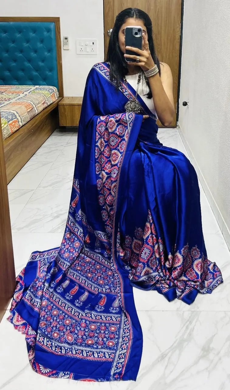 Semi Gajji Silk Saree with Ajrakh Bandhej Print Work in Surat