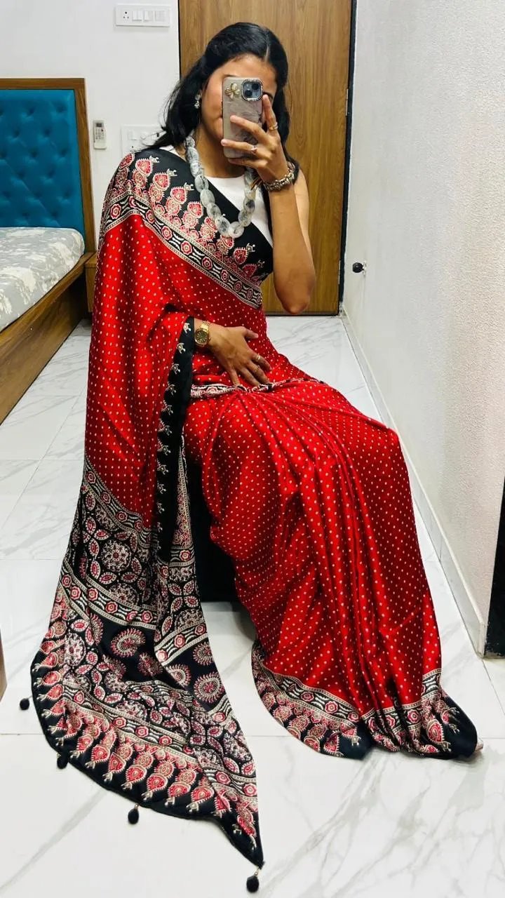 Semi Gajji Silk Saree with Ajrakh Bandhej Print Work in Surat
