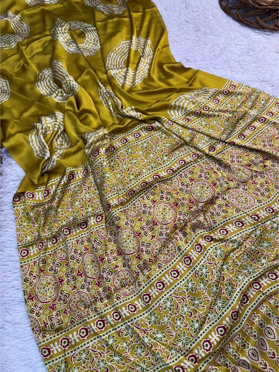 Semi Gajji Silk Saree with Ajrakh Bandhej Print Work in Surat