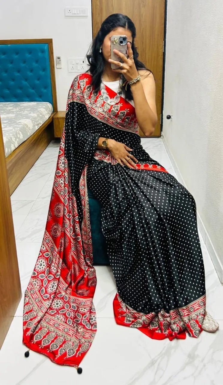 Semi Gajji Silk Saree with Ajrakh Bandhej Print Work in Surat