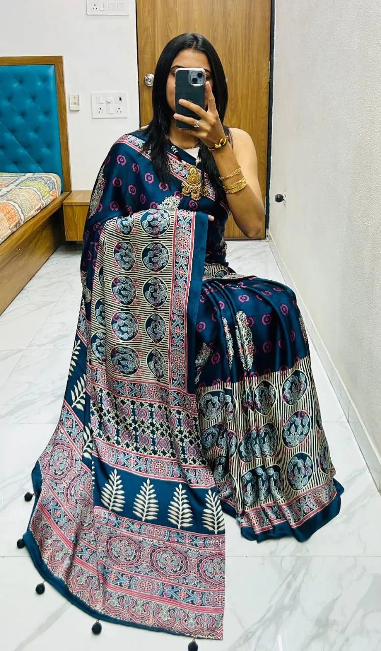 Semi Gajji Silk Saree with Ajrakh Bandhej Print Work in Surat