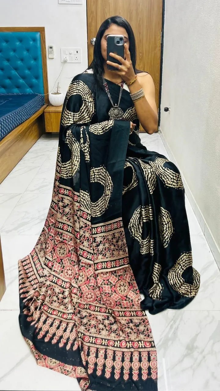 Semi Gajji Silk Saree with Ajrakh Bandhej Print Work in Surat