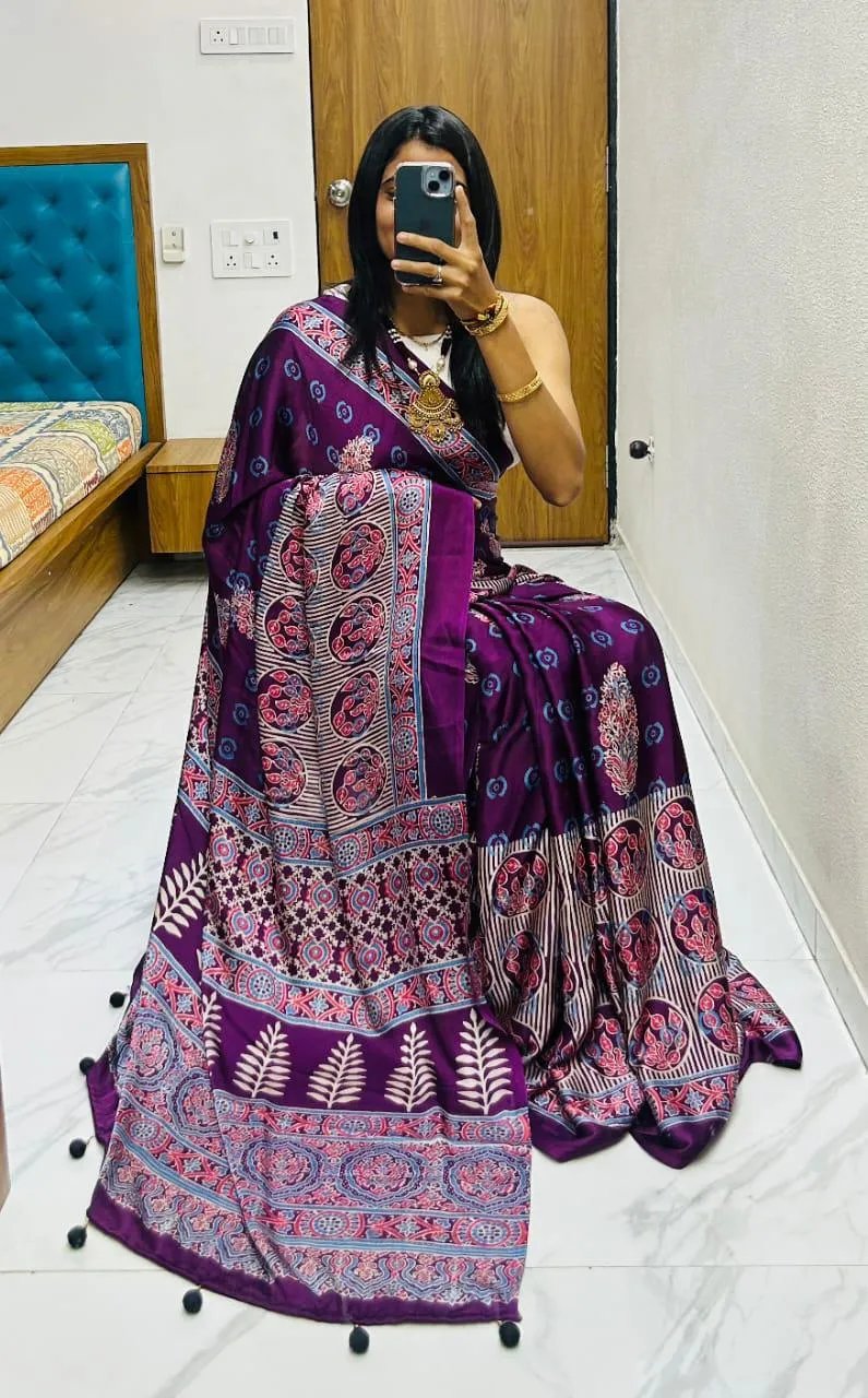 Semi Gajji Silk Saree with Ajrakh Bandhej Print Work in Surat