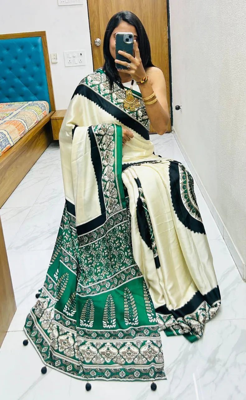 Semi Gajji Silk Saree with Ajrakh Bandhej Print Work in Surat