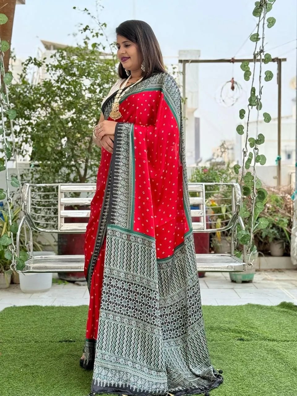 Semi Gajji Silk Saree with Ajrakh Bandhej Print Work in Surat