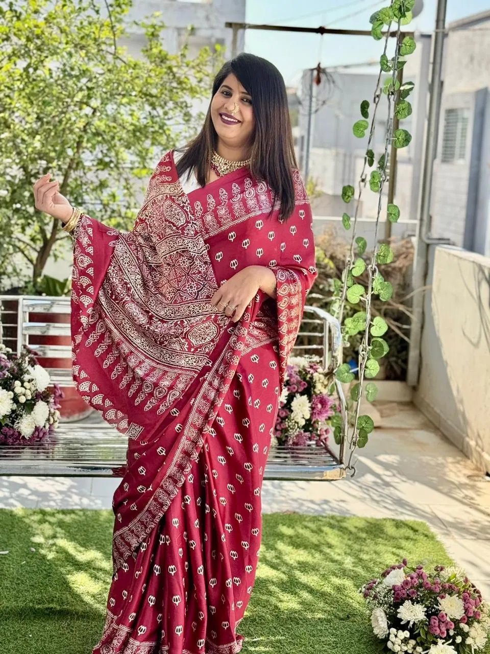 Semi Gajji Silk Saree with Ajrakh Bandhej Print Work in Surat