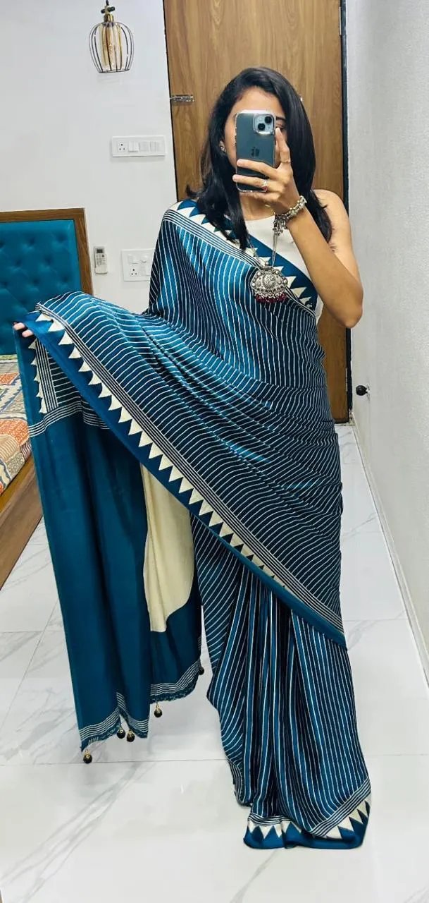 Semi Gajji Silk Saree with Ajrakh Bandhej Print Work in Surat