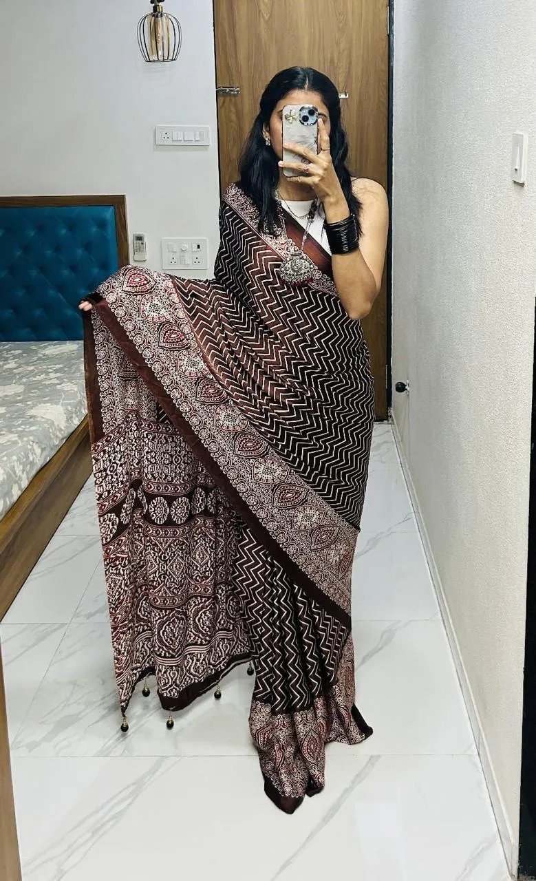 Semi Gajji Silk Saree with Ajrakh Bandhej Print Work in Surat